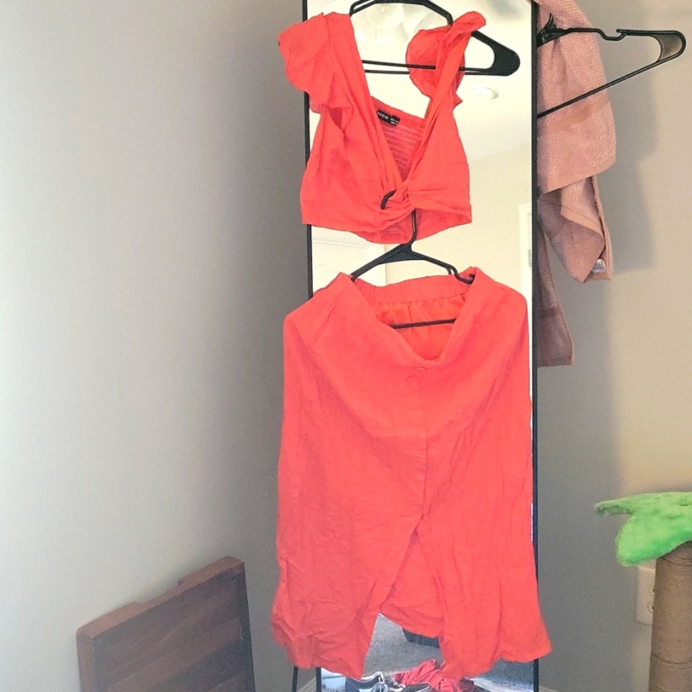 Shein Two Piece Set Orange Crop Top and Midi Skirt